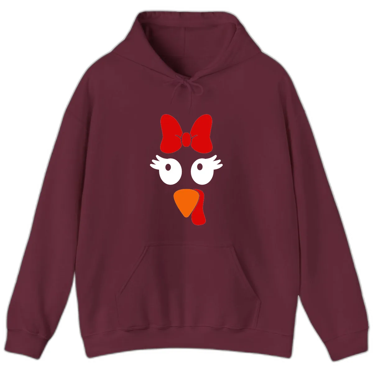 Cute Turkey Face With Bow Design Hoodie in Maroon