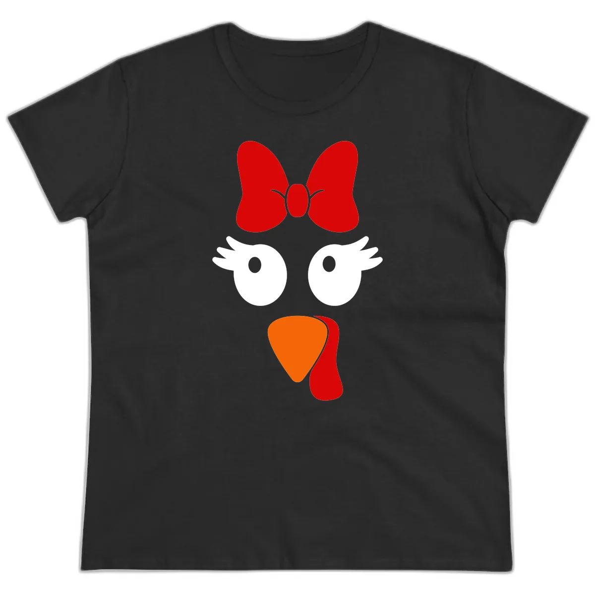 Cute Turkey Face With Bow Design Ladies Tee in Black