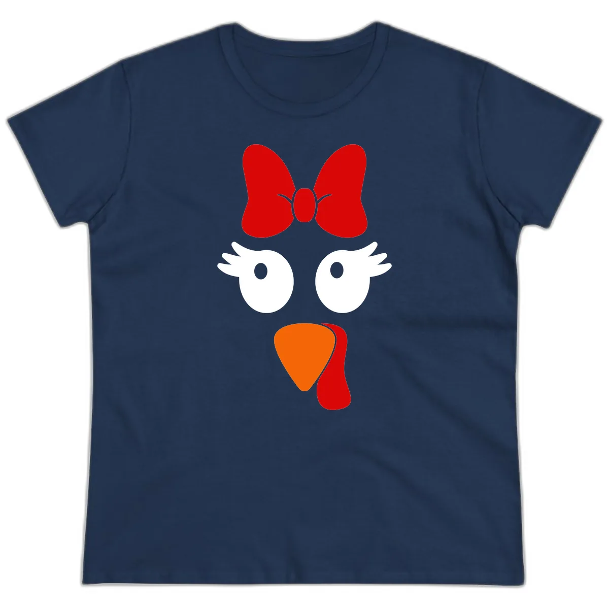 Cute Turkey Face With Bow Design Ladies Tee in Navy