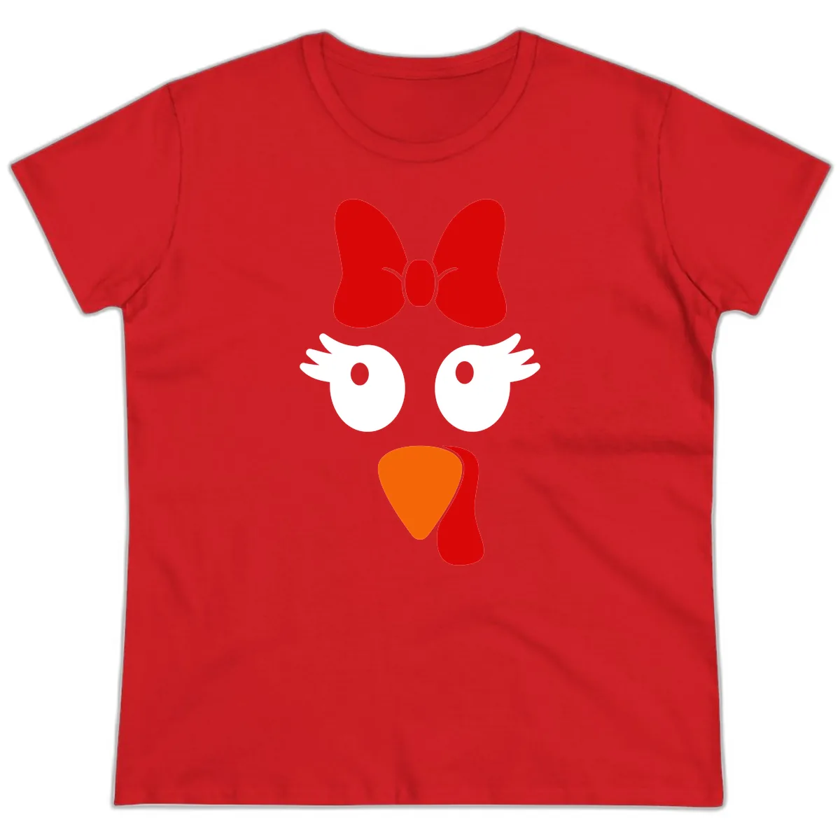 Cute Turkey Face With Bow Design Ladies Tee in Red