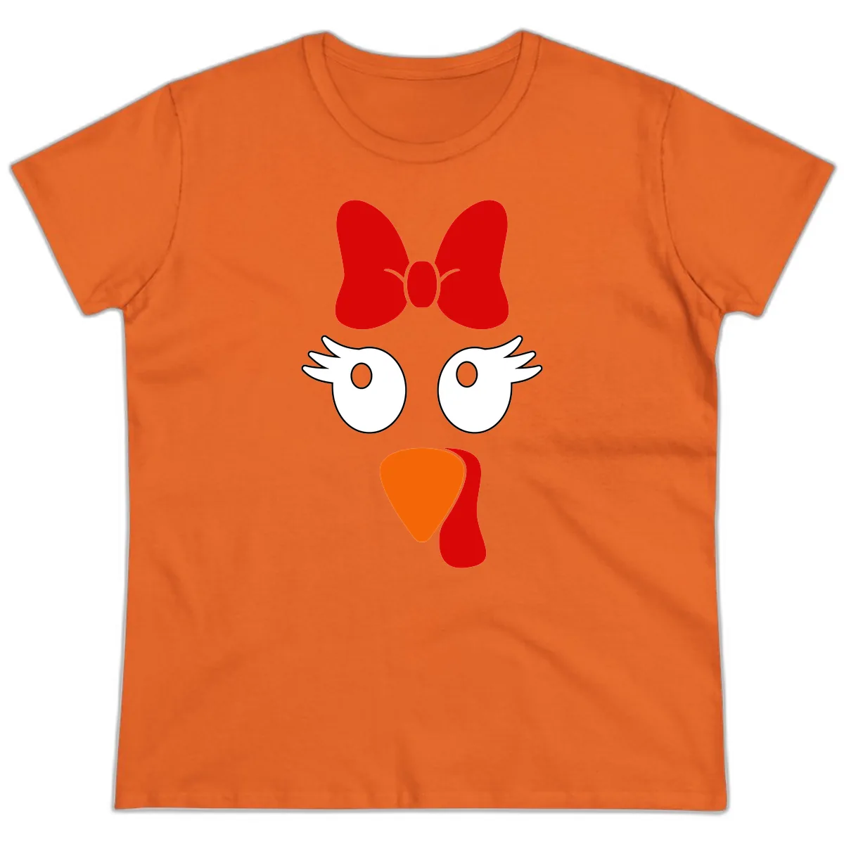 Cute Turkey Face With Bow Design Ladies Tee in Orange
