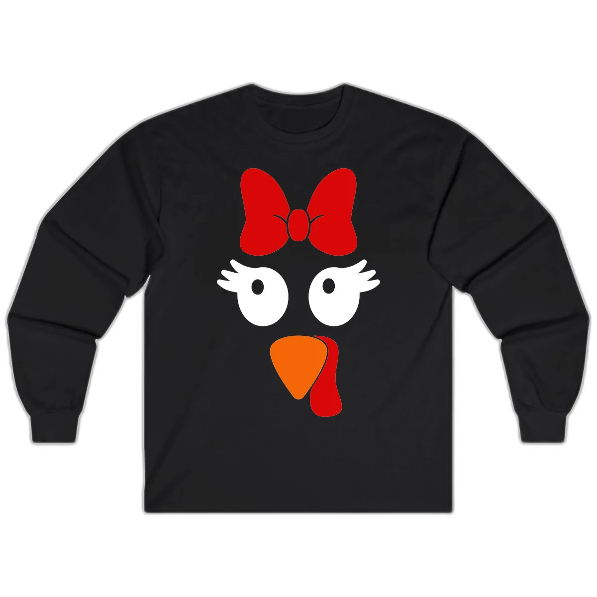 Cute Turkey Face With Bow Design Long Sleeve in Black