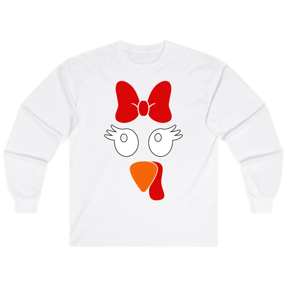 Cute Turkey Face With Bow Design Long Sleeve in White
