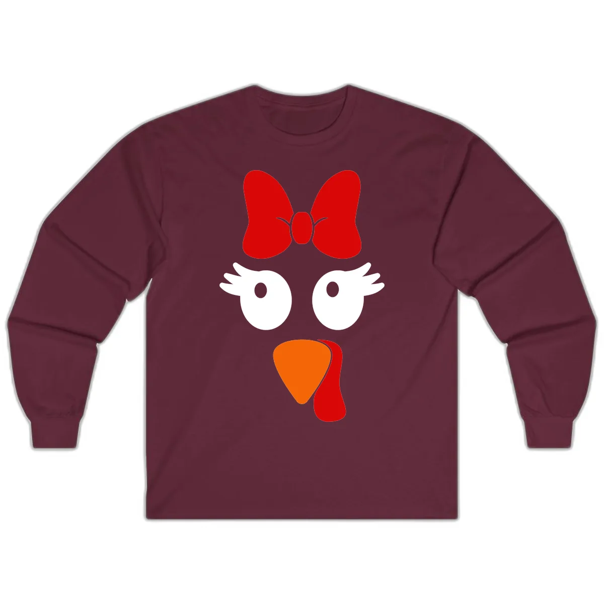 Cute Turkey Face With Bow Design Long Sleeve in Maroon