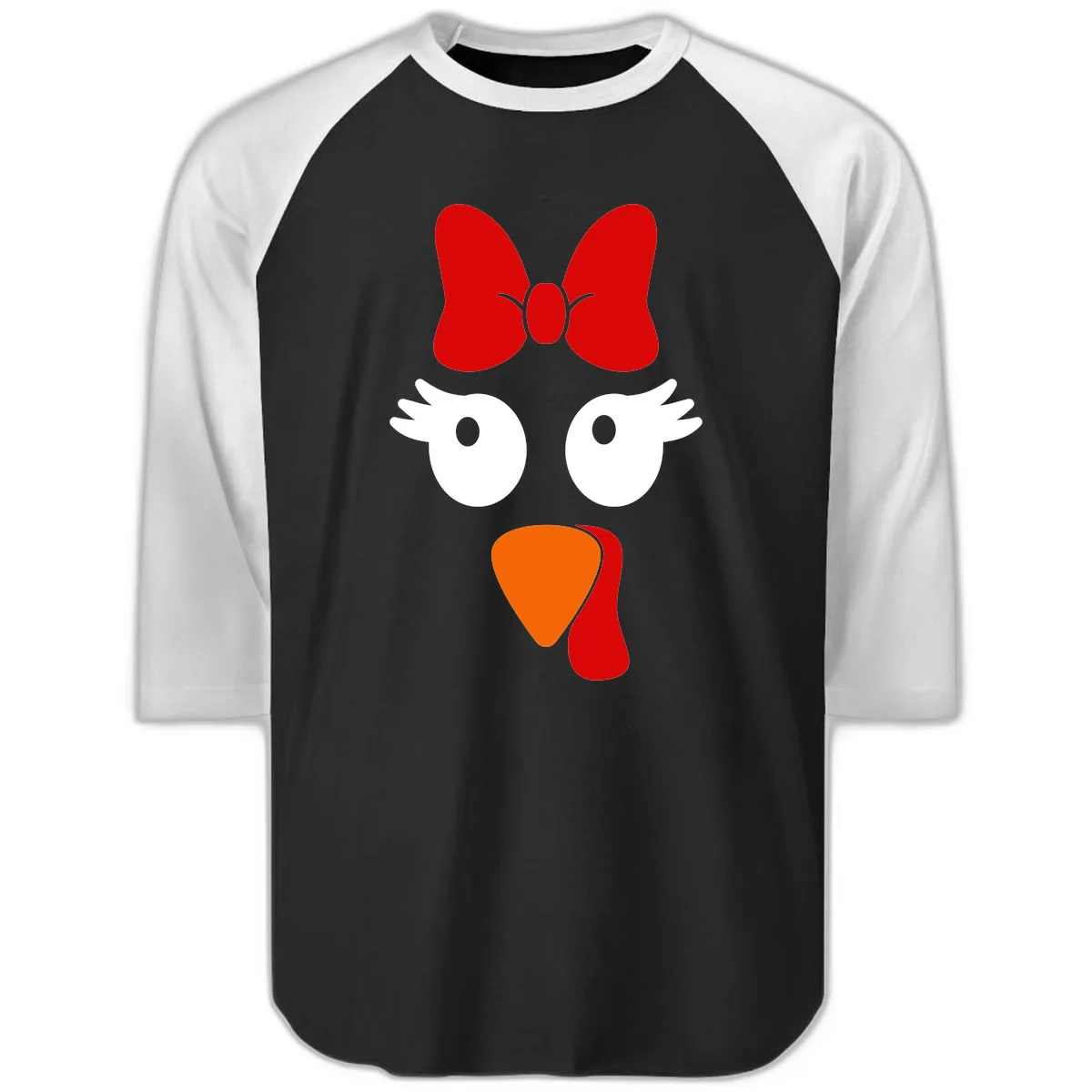 Cute Turkey Face With Bow Design Raglan 3/4 in Black White
