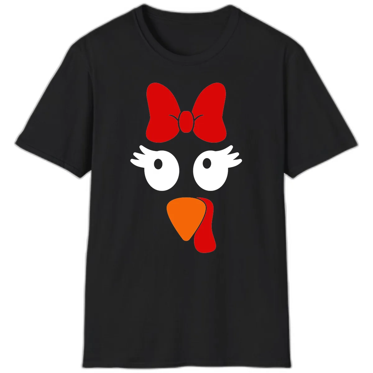 Cute Turkey Face With Bow Design T-Shirt in Black