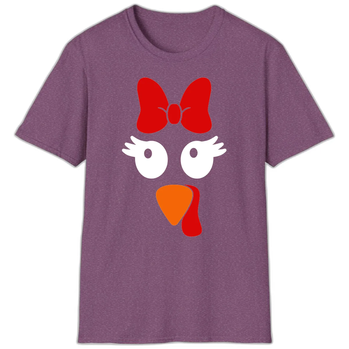 Cute Turkey Face With Bow Design T-Shirt in Heather Maroon