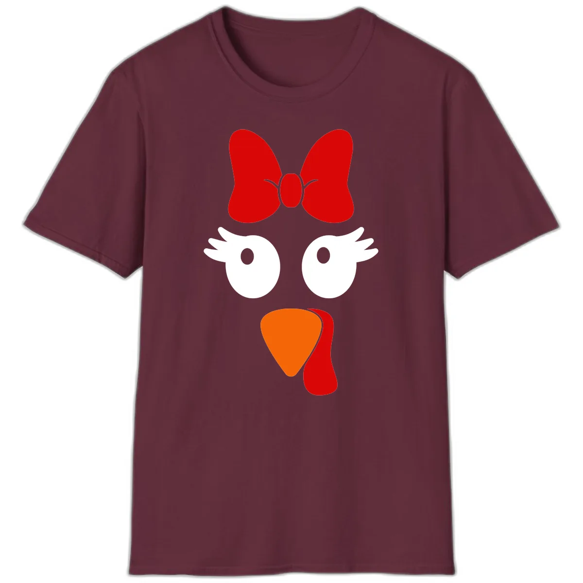 Cute Turkey Face With Bow Design T-Shirt in Maroon