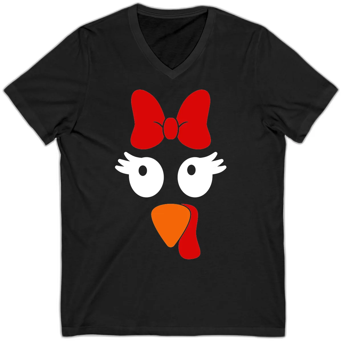 Cute Turkey Face With Bow Design V-Neck in Black