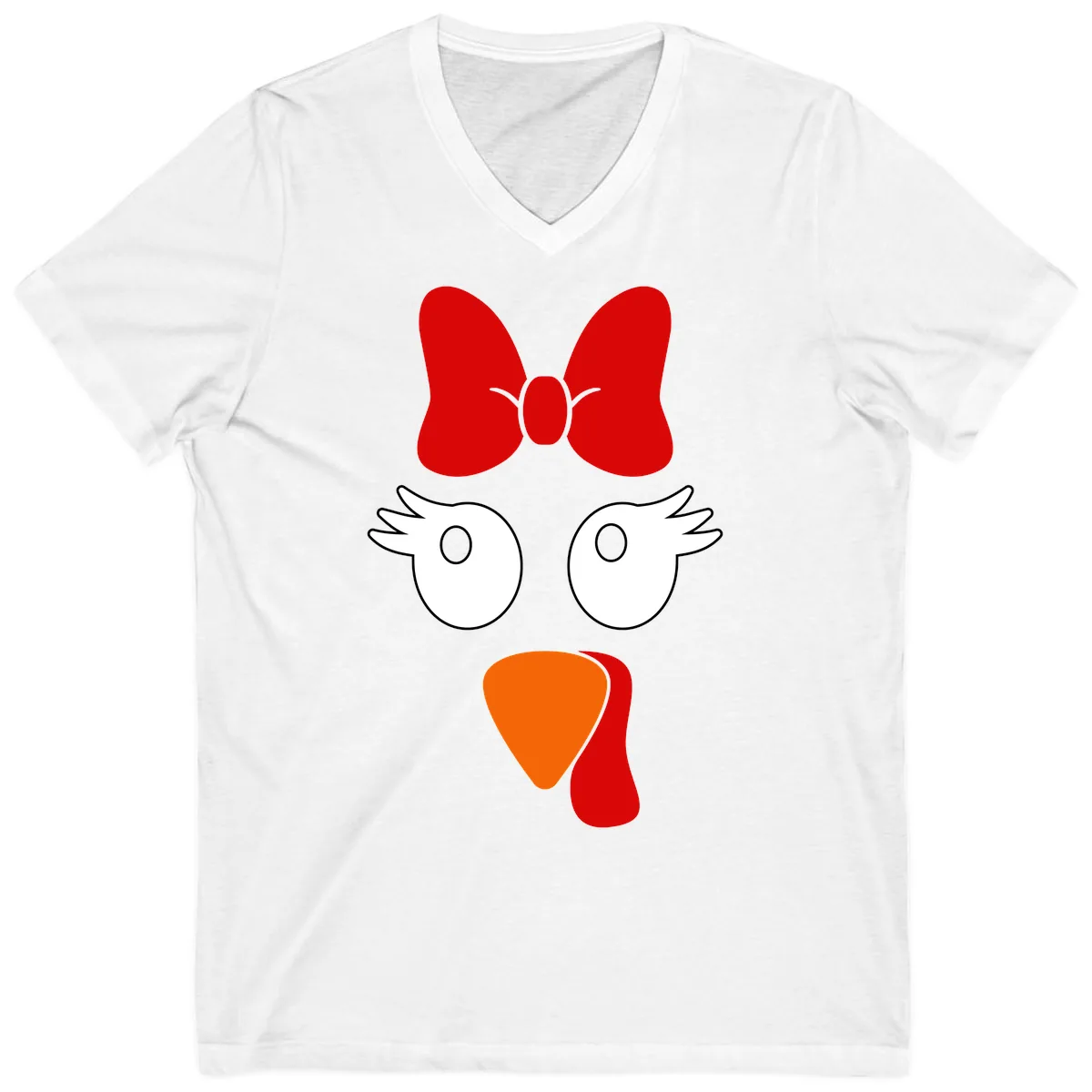 Cute Turkey Face With Bow Design V-Neck in White