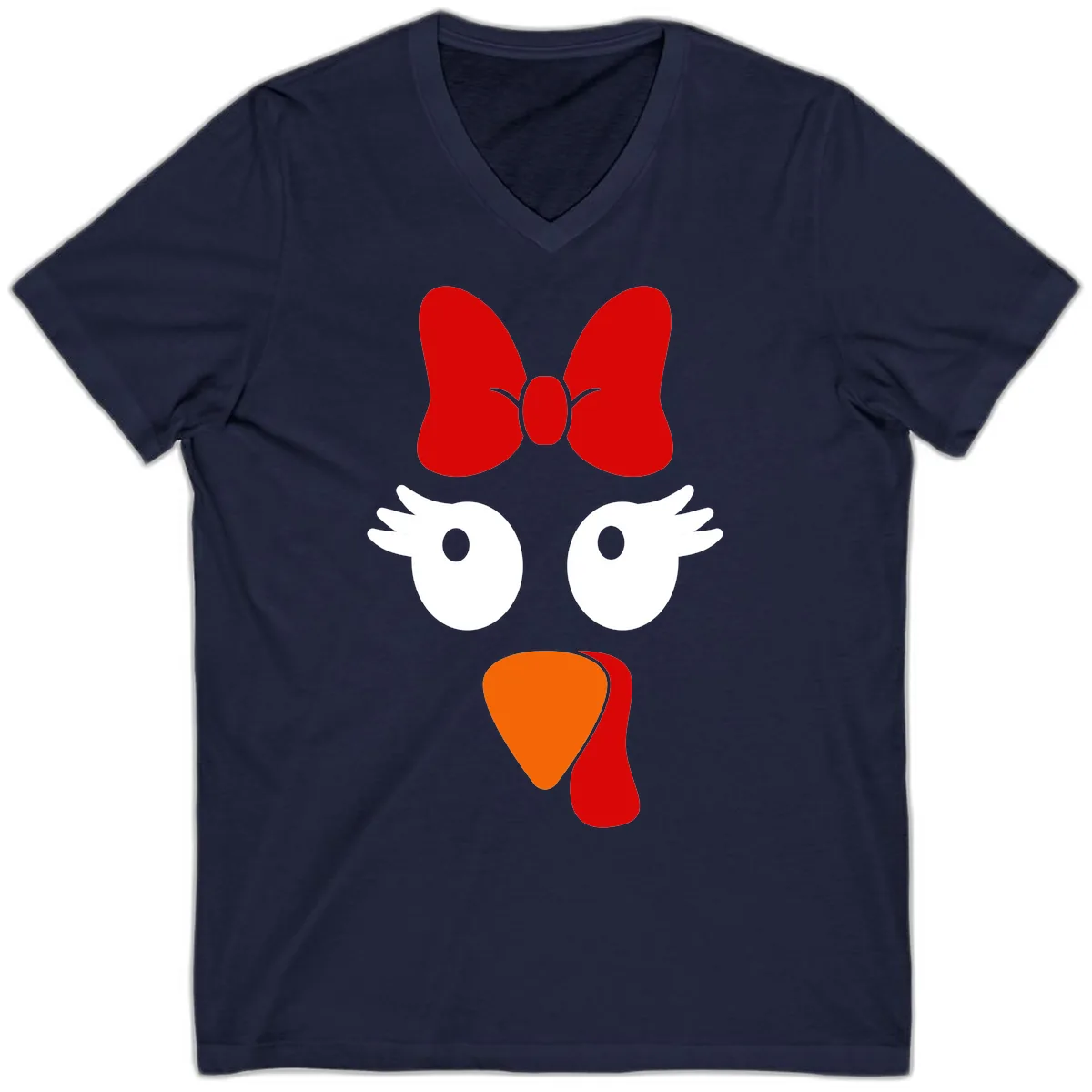 Cute Turkey Face With Bow Design V-Neck in Navy