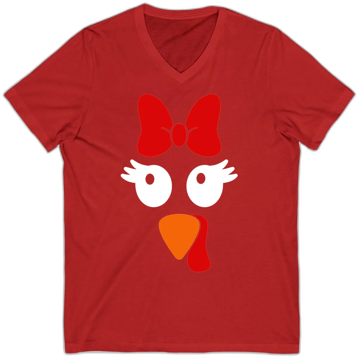 Cute Turkey Face With Bow Design V-Neck in Red