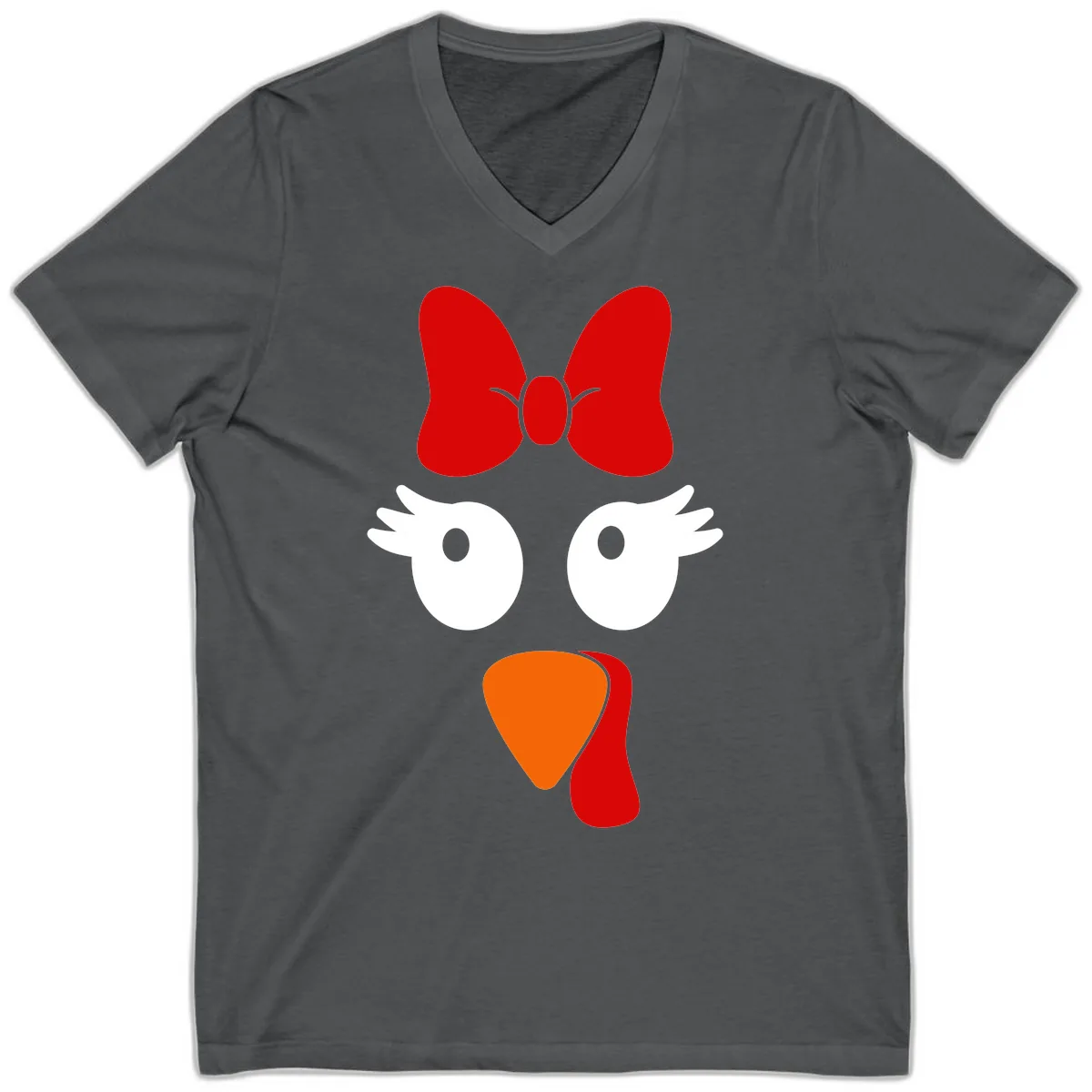 Cute Turkey Face With Bow Design V-Neck in Asphalt