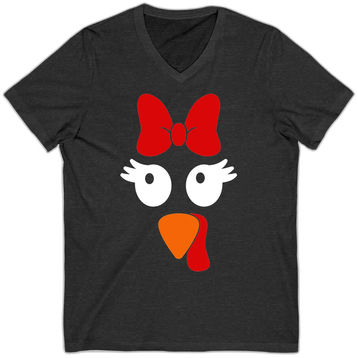 Cute Turkey Face With Bow Design V-Neck in Dark Grey Heather