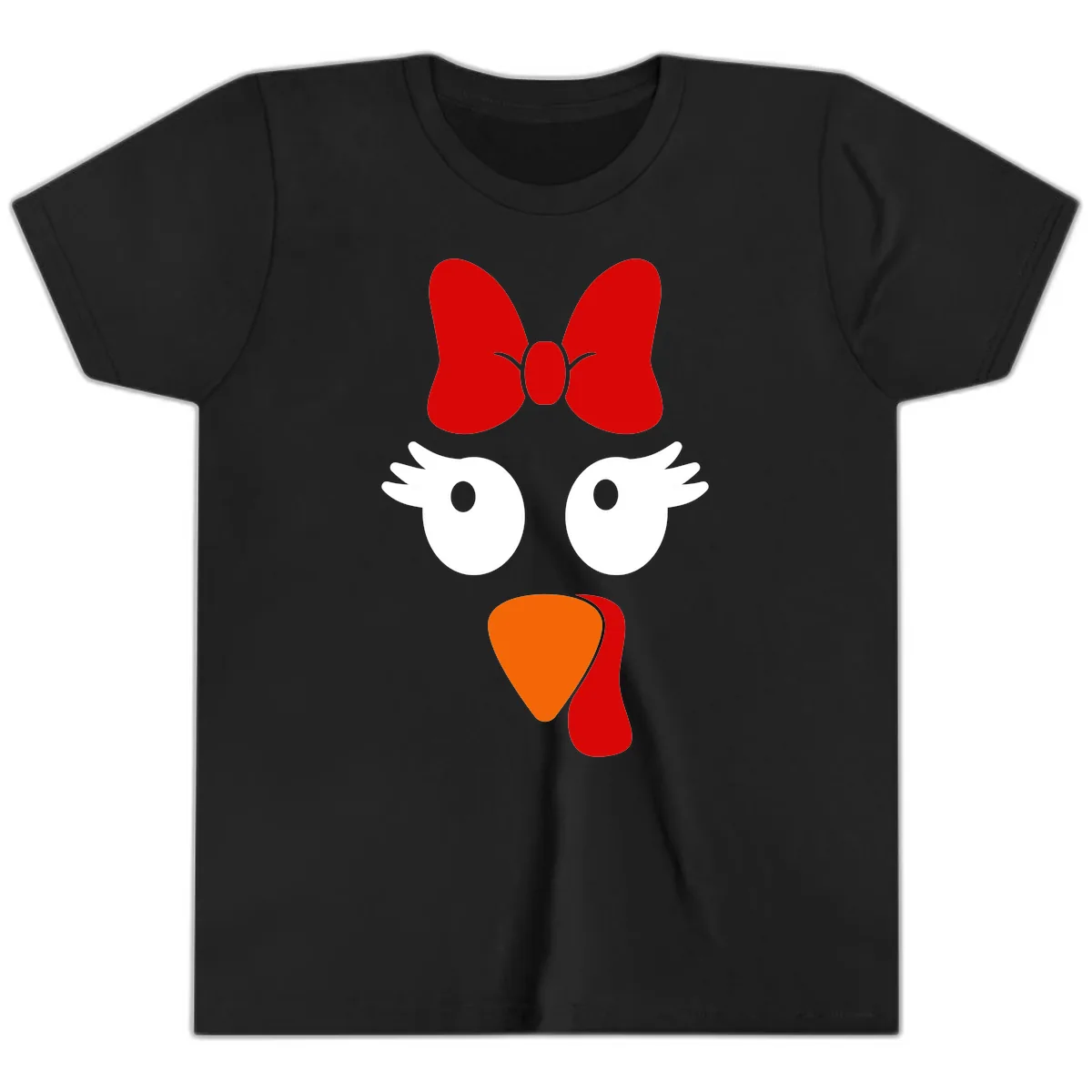 Cute Turkey Face With Bow Design Youth T-Shirt in Black