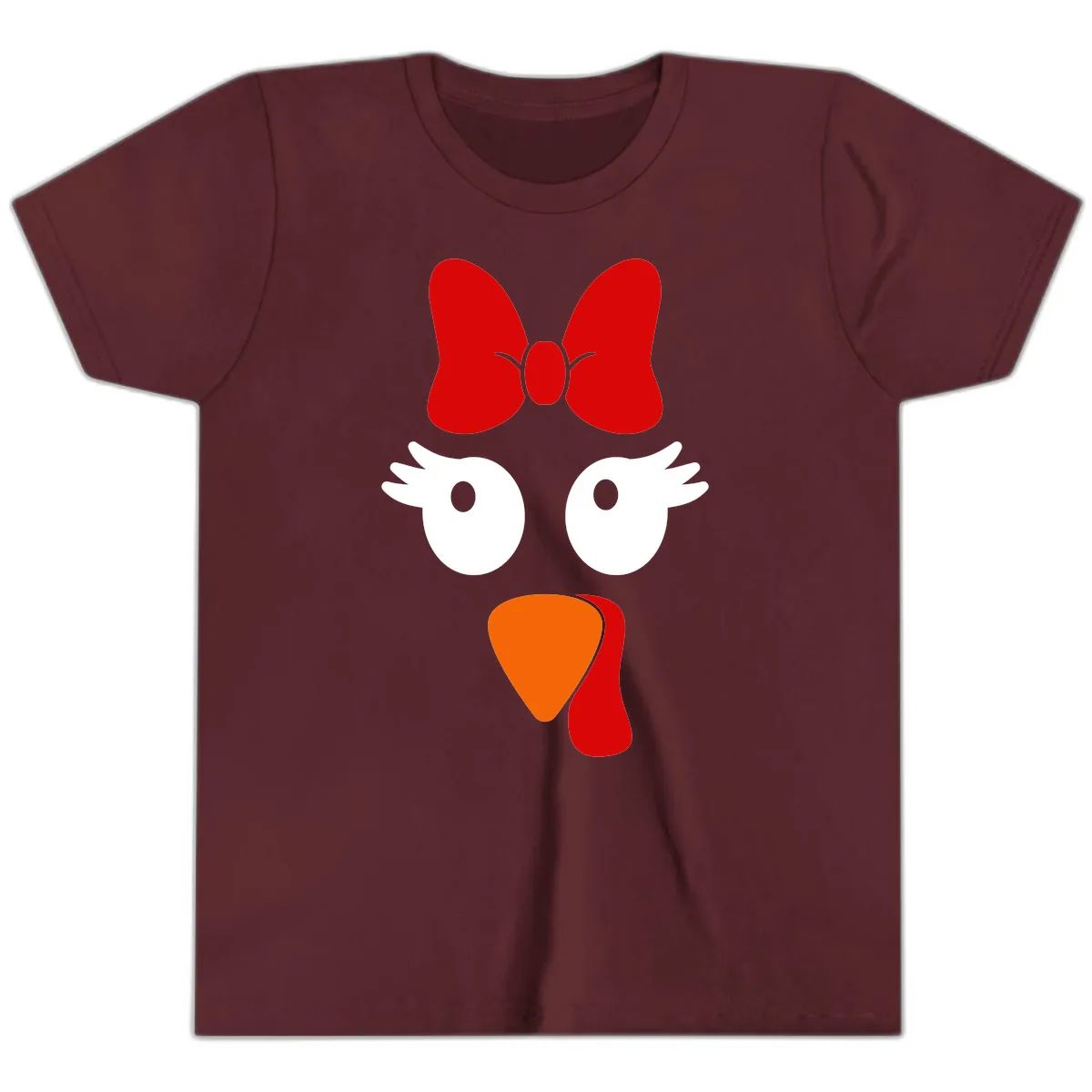 Cute Turkey Face With Bow Design Youth T-Shirt in Maroon