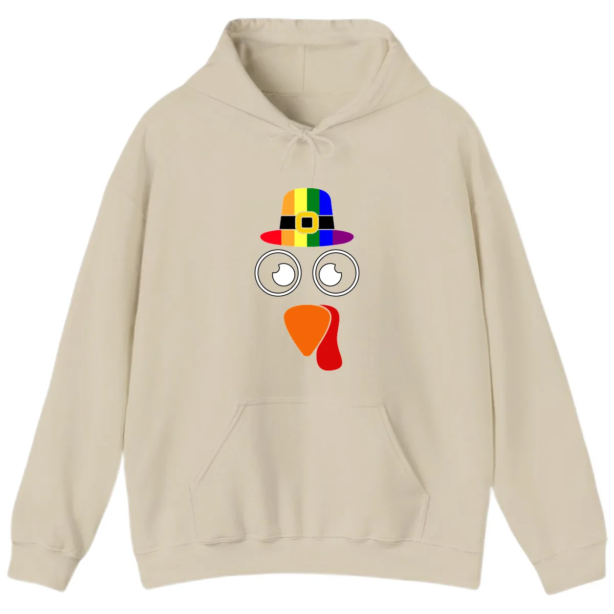 Rainbow Turkey Pilgrim Hat Face Hoodie in Sand