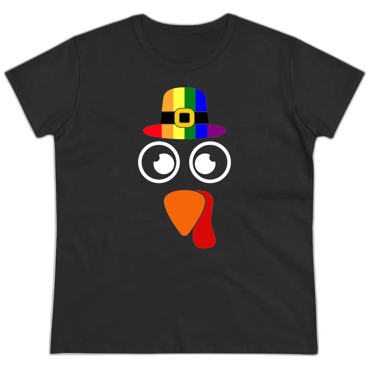 Rainbow Turkey Pilgrim Hat Face Ladies Tee in Black