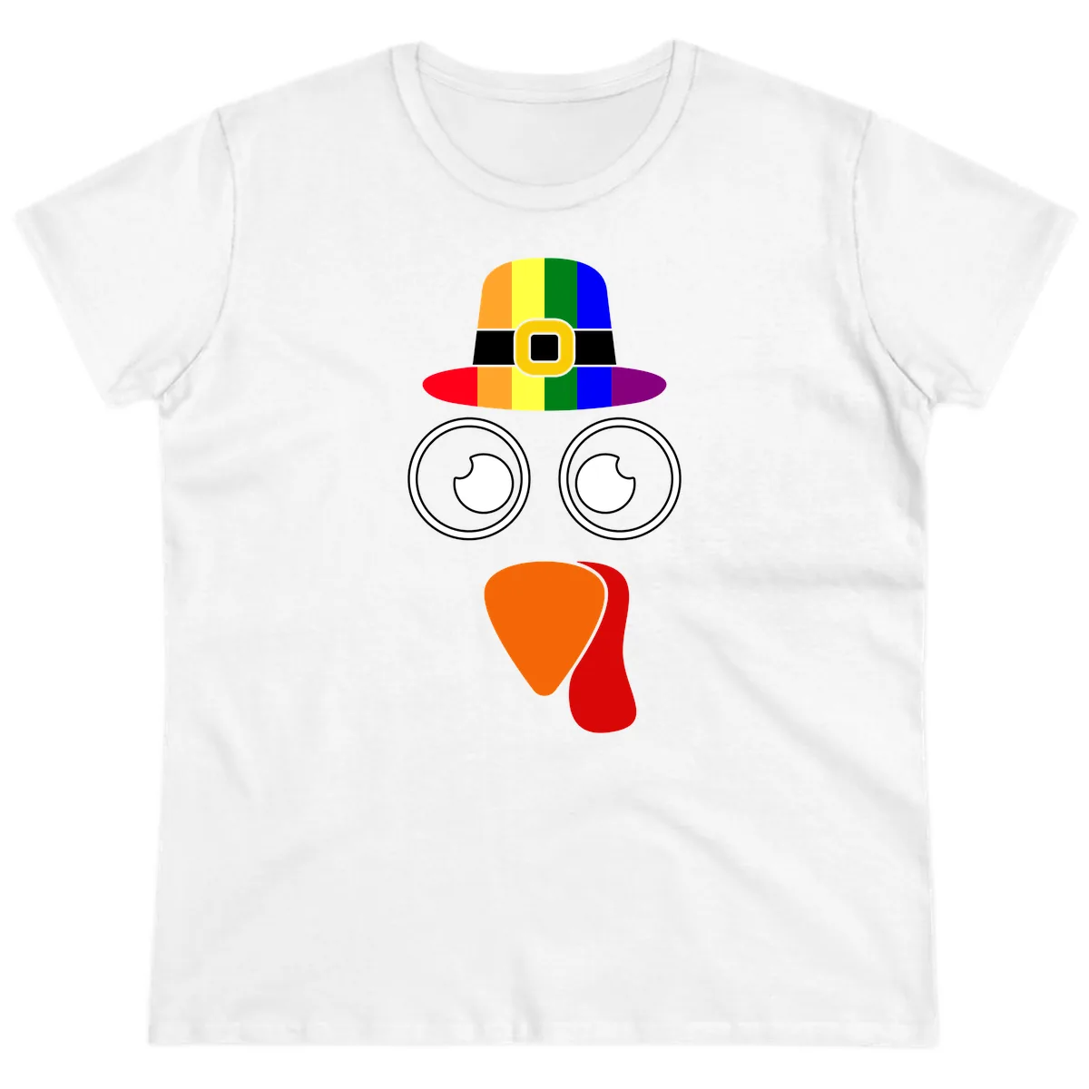 Rainbow Turkey Pilgrim Hat Face Ladies Tee in White