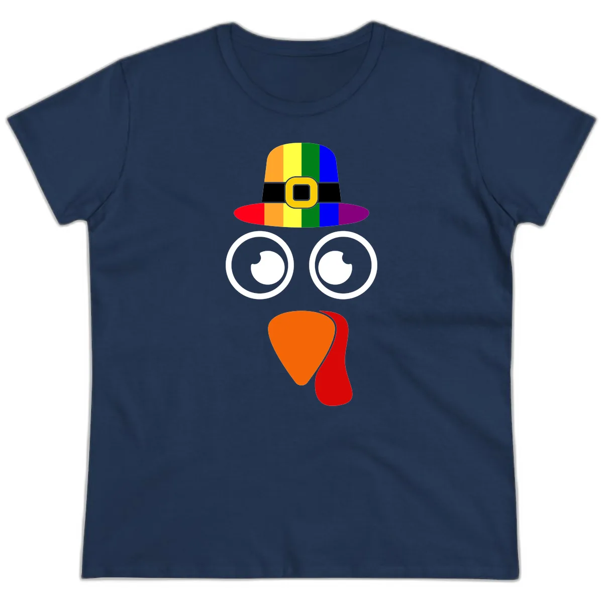 Rainbow Turkey Pilgrim Hat Face Ladies Tee in Navy