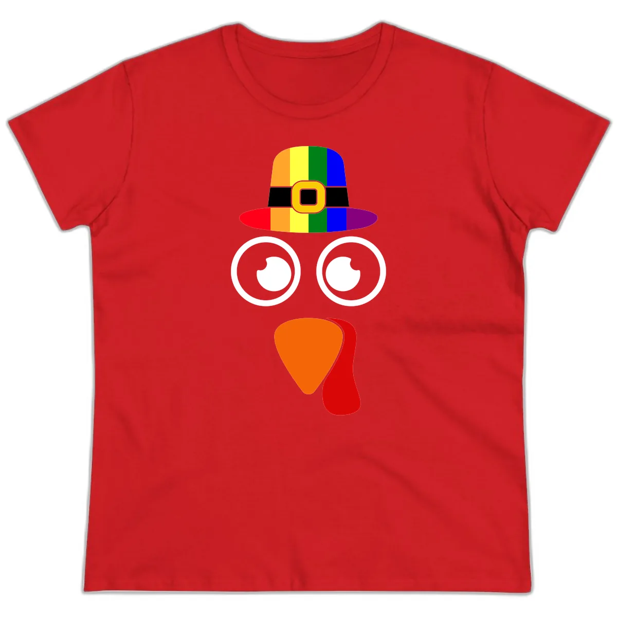 Rainbow Turkey Pilgrim Hat Face Ladies Tee in Red
