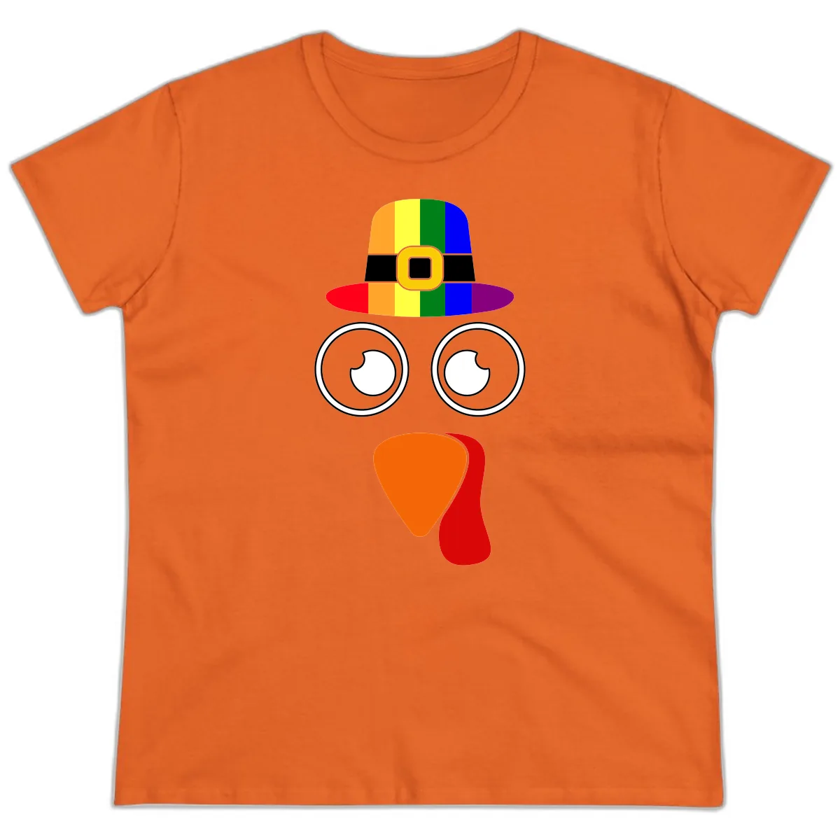 Rainbow Turkey Pilgrim Hat Face Ladies Tee in Orange