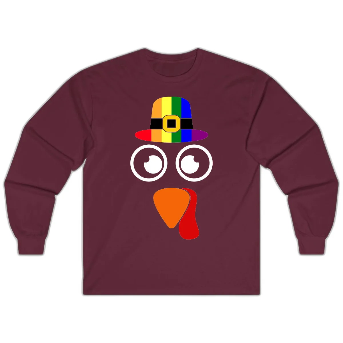 Rainbow Turkey Pilgrim Hat Face Long Sleeve in Maroon