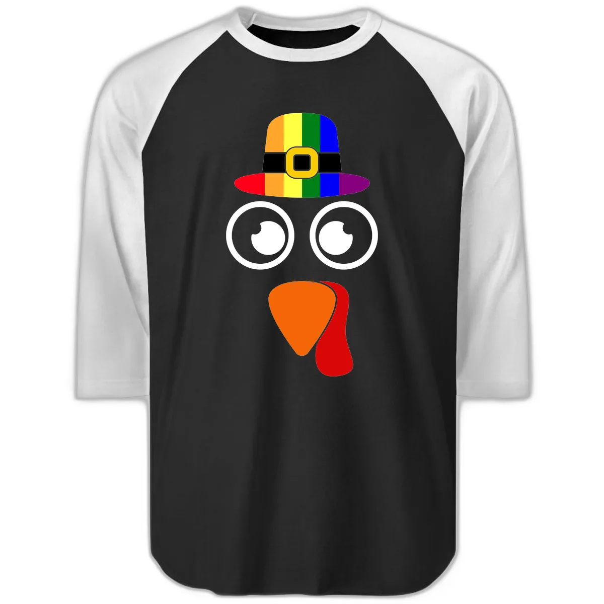Rainbow Turkey Pilgrim Hat Face Raglan 3/4 in Black White