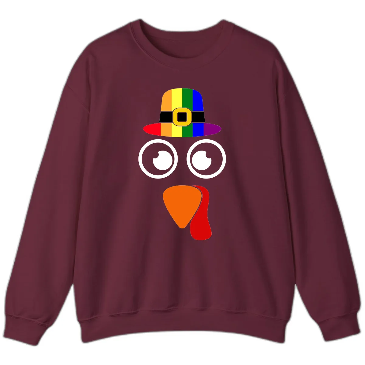 Rainbow Turkey Pilgrim Hat Face Sweatshirt in Maroon