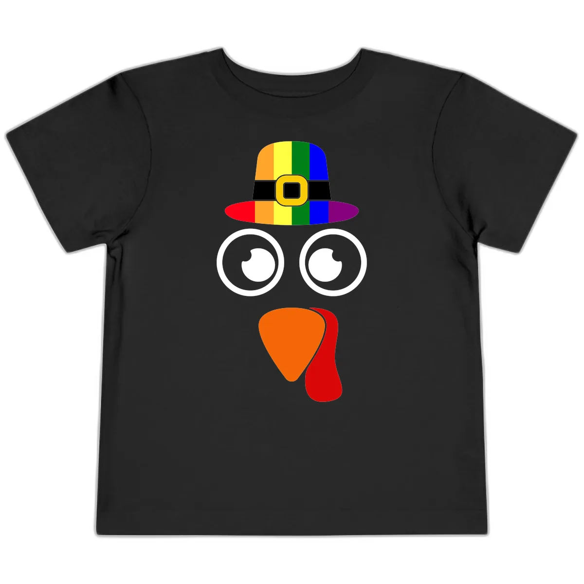 Rainbow Turkey Pilgrim Hat Face Toddler T-Shirt in Black