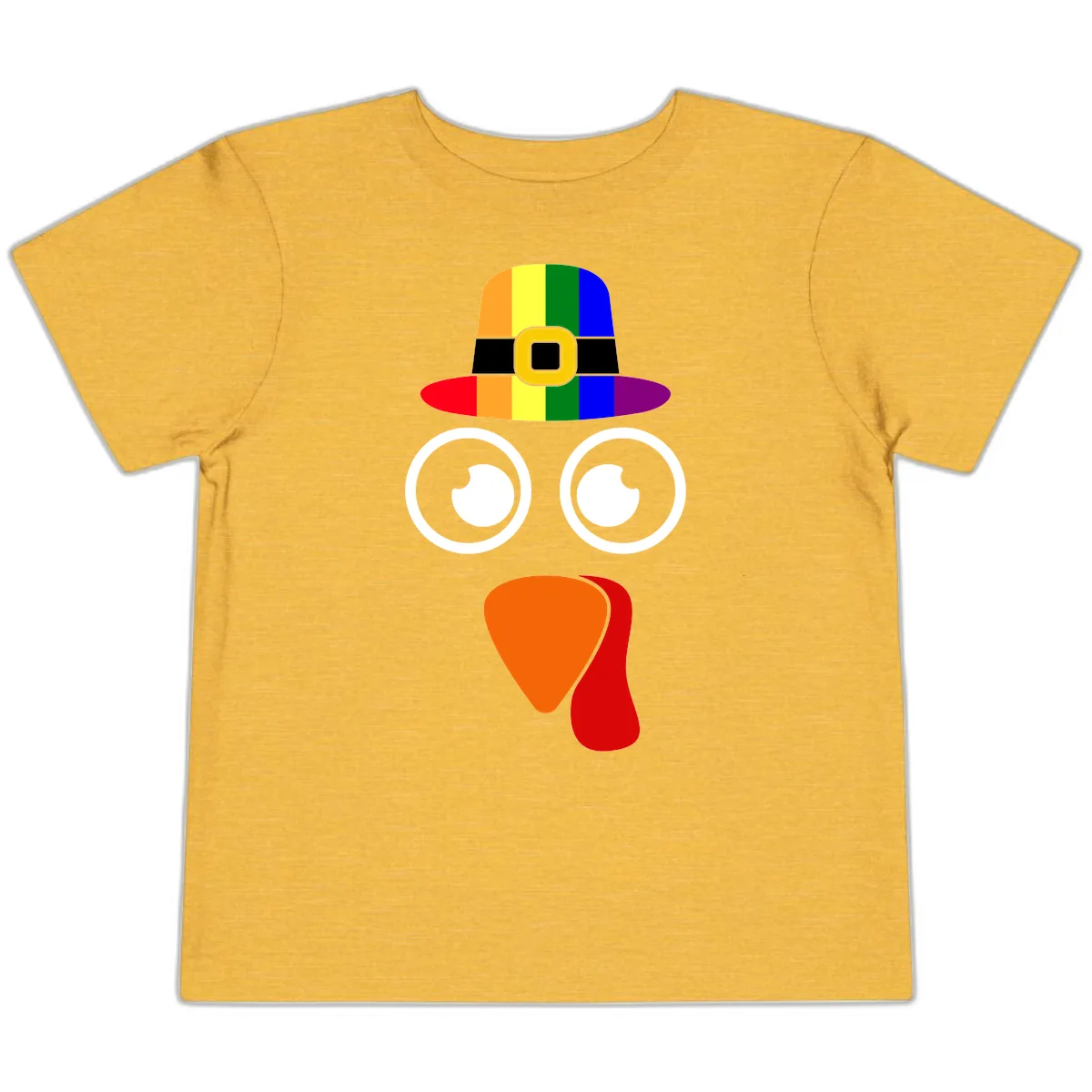 Rainbow Turkey Pilgrim Hat Face Toddler T-Shirt in Heather Yellow Gold