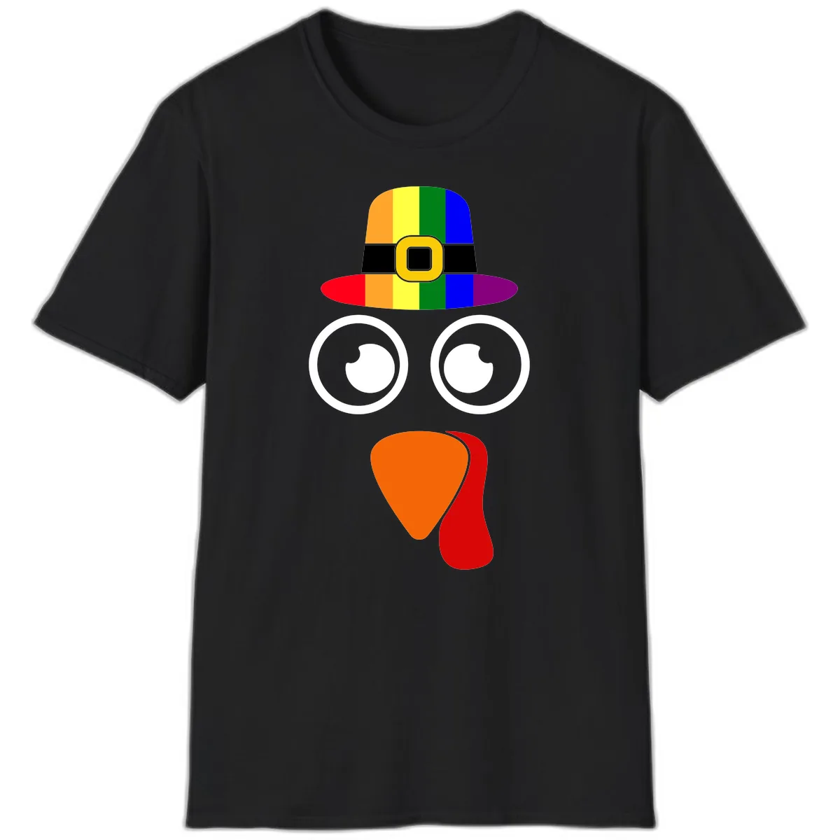 Rainbow Turkey Pilgrim Hat Face T-Shirt in Black