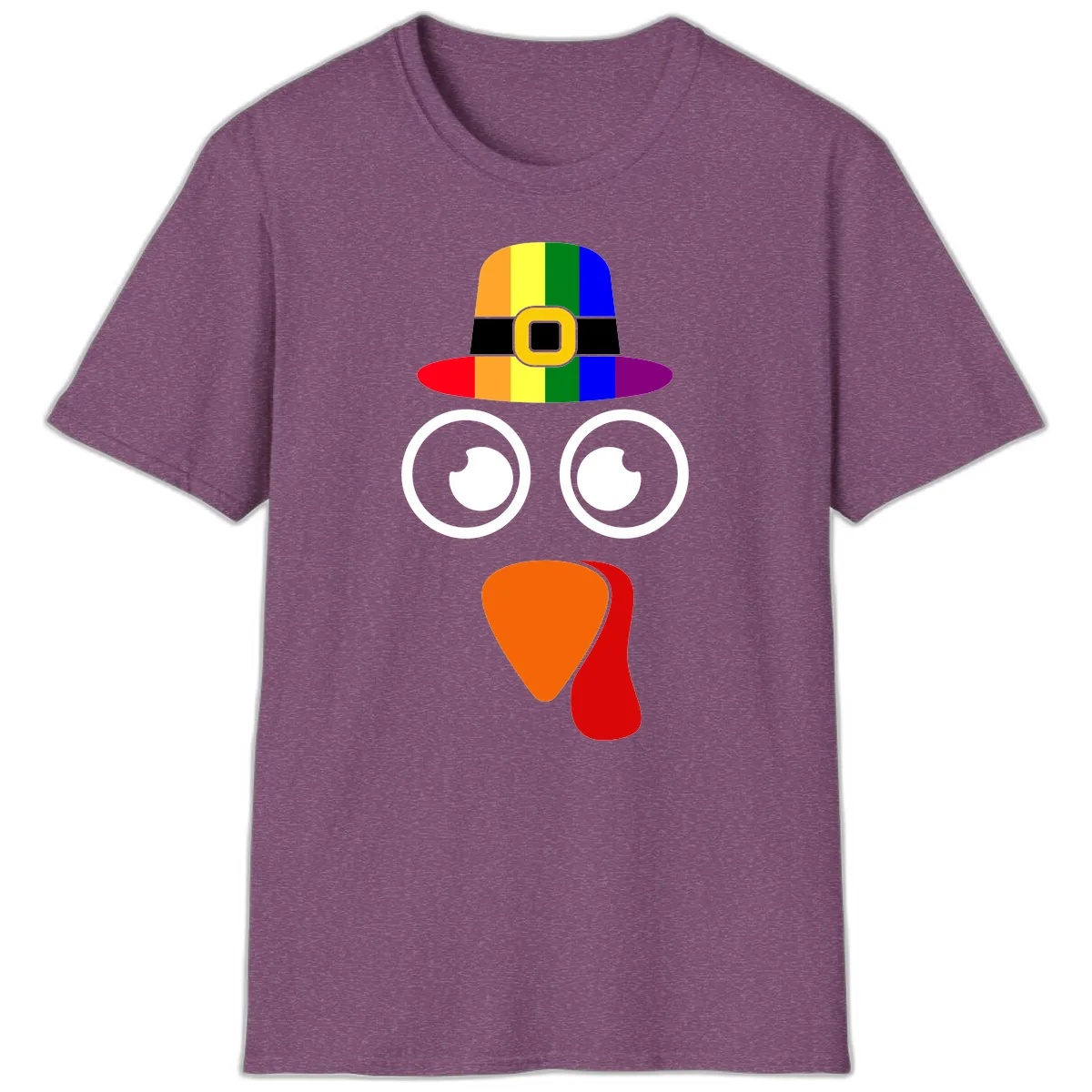 Rainbow Turkey Pilgrim Hat Face T-Shirt in Heather Maroon