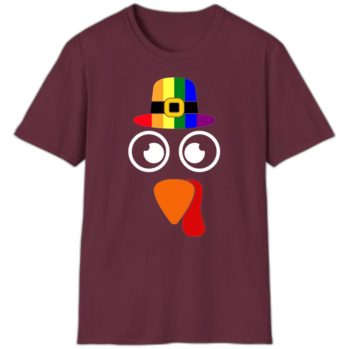 Rainbow Turkey Pilgrim Hat Face T-Shirt in Maroon