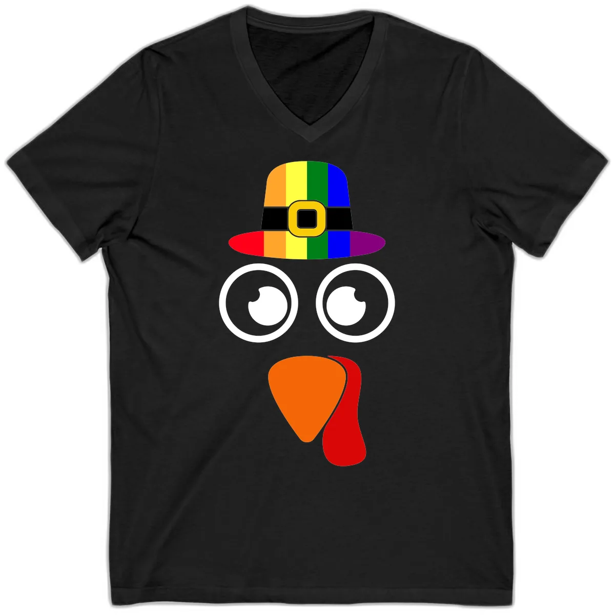 Rainbow Turkey Pilgrim Hat Face V-Neck in Black