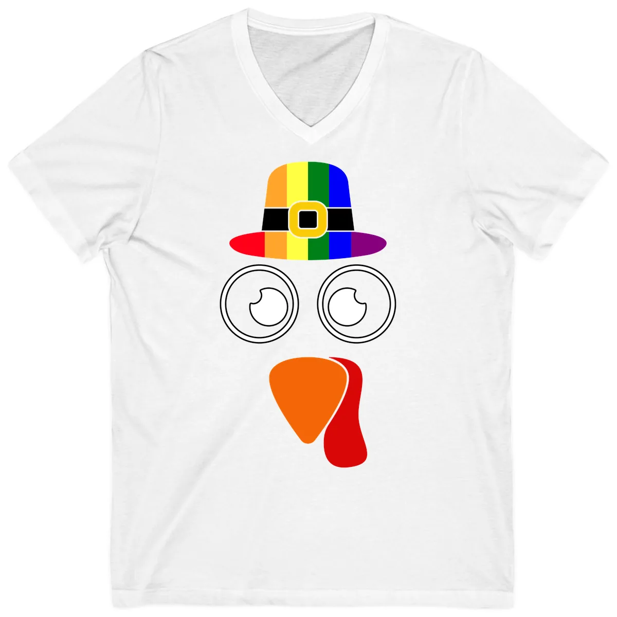Rainbow Turkey Pilgrim Hat Face V-Neck in White