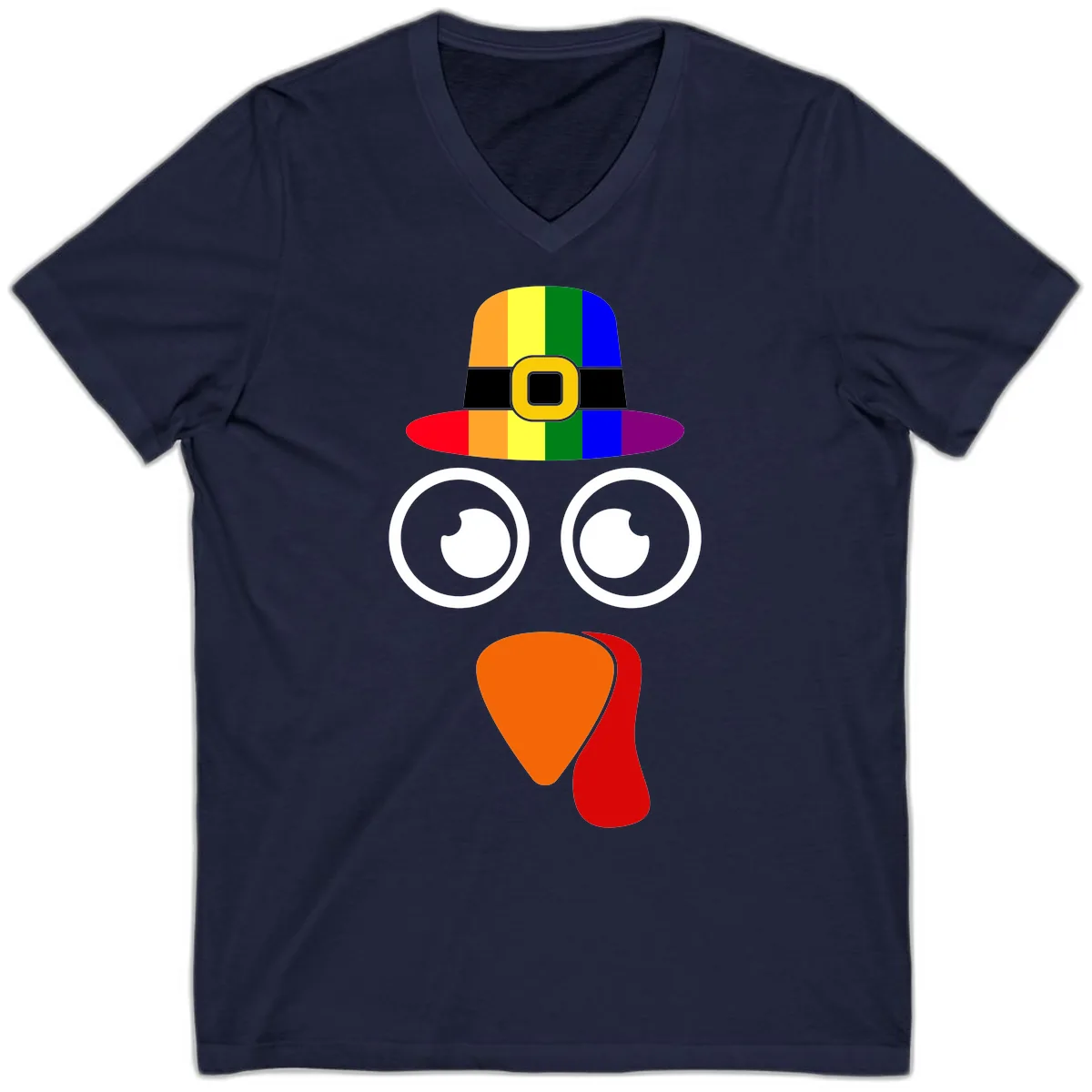 Rainbow Turkey Pilgrim Hat Face V-Neck in Navy