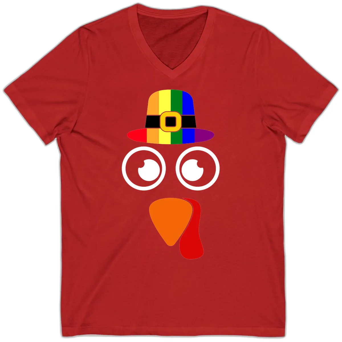 Rainbow Turkey Pilgrim Hat Face V-Neck in Red