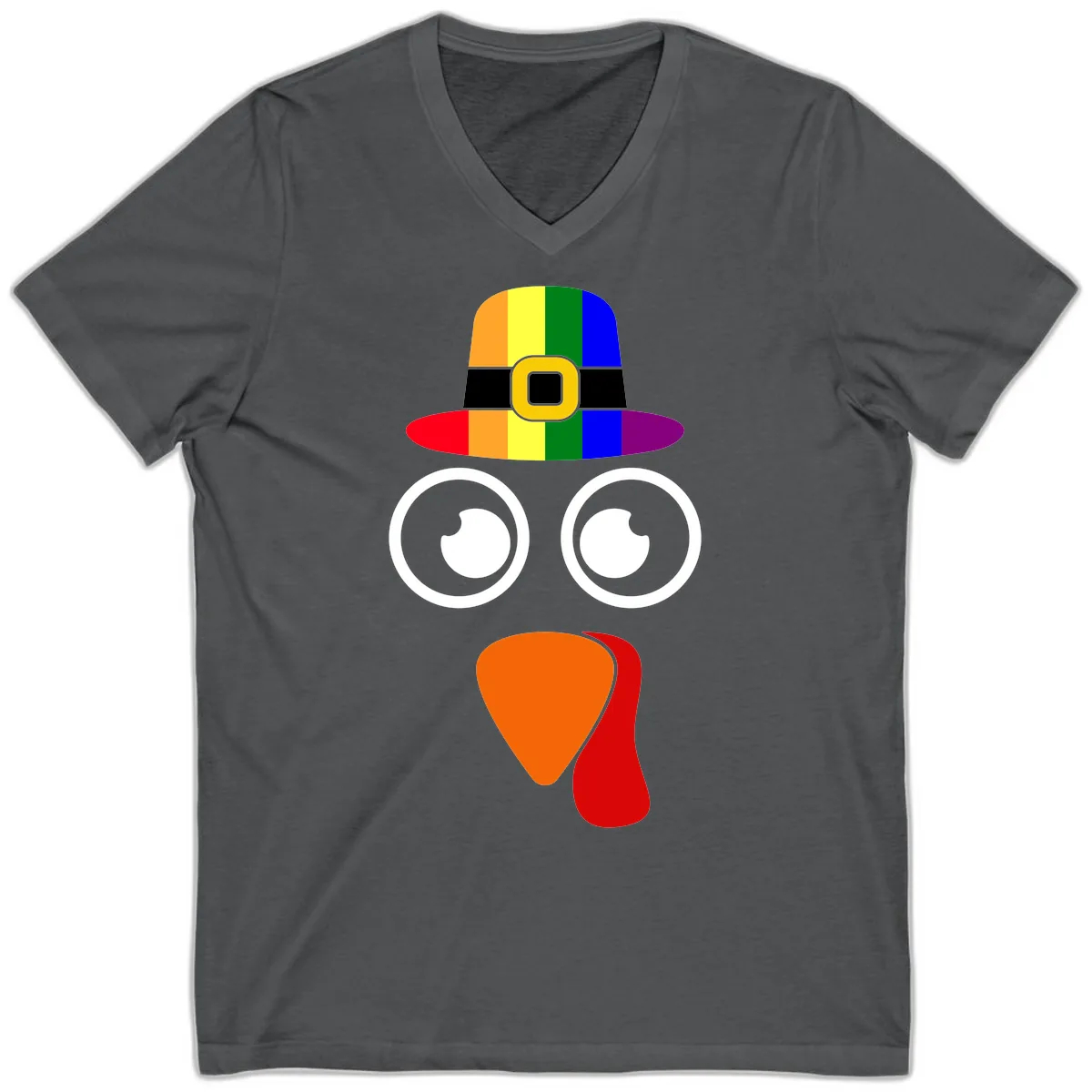 Rainbow Turkey Pilgrim Hat Face V-Neck in Asphalt