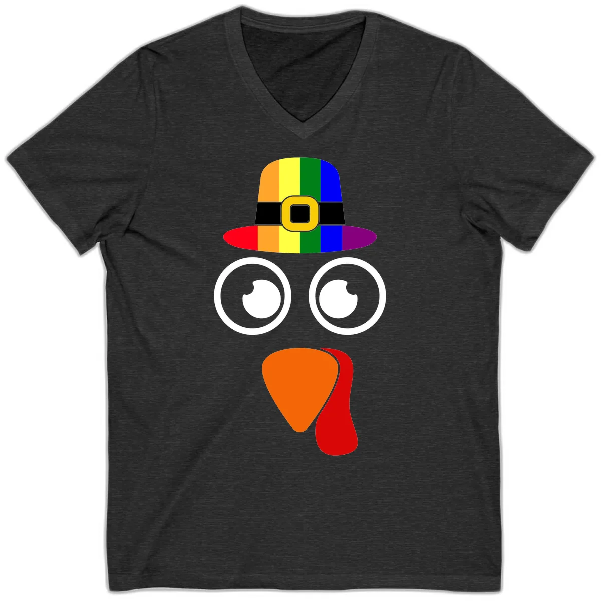 Rainbow Turkey Pilgrim Hat Face V-Neck in Dark Grey Heather