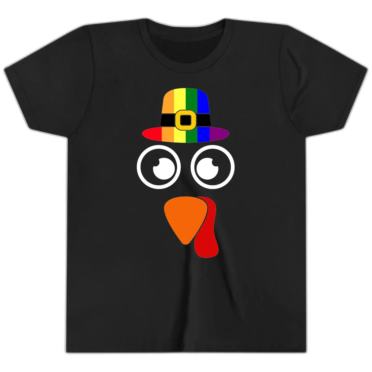 Rainbow Turkey Pilgrim Hat Face Youth T-Shirt in Black