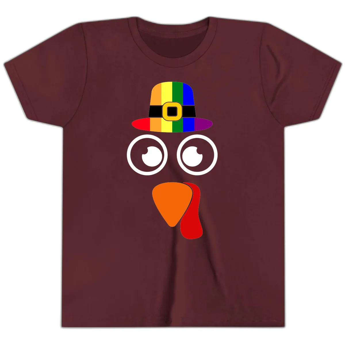 Rainbow Turkey Pilgrim Hat Face Youth T-Shirt in Maroon