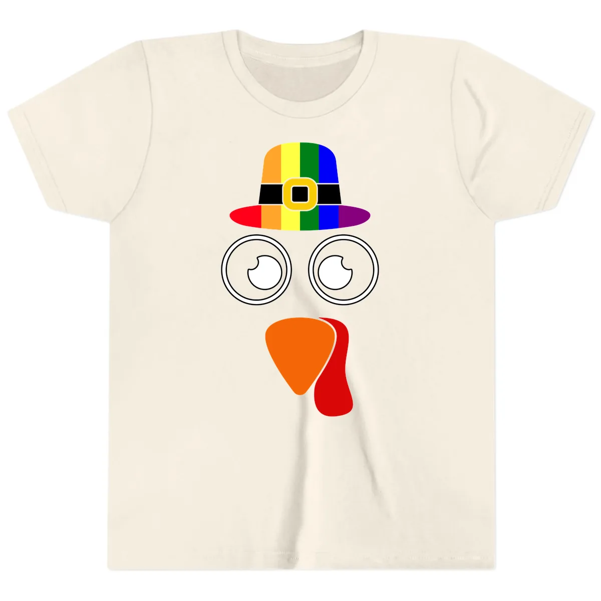 Rainbow Turkey Pilgrim Hat Face Youth T-Shirt in Natural