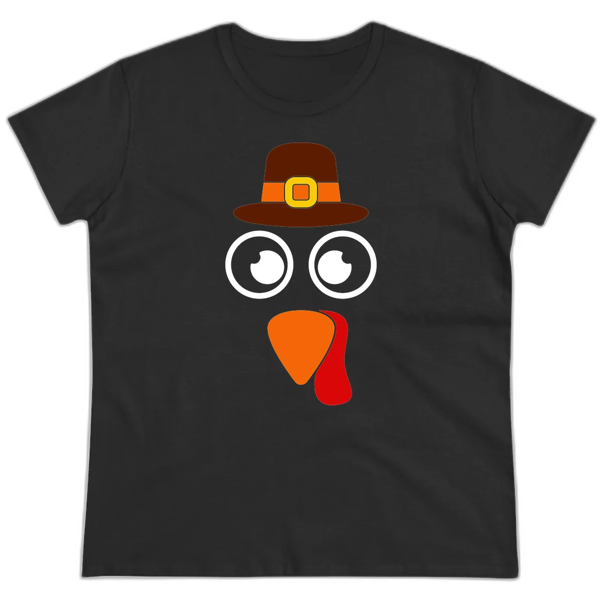 Cute Pilgrim Turkey Face Ladies Tee in Black
