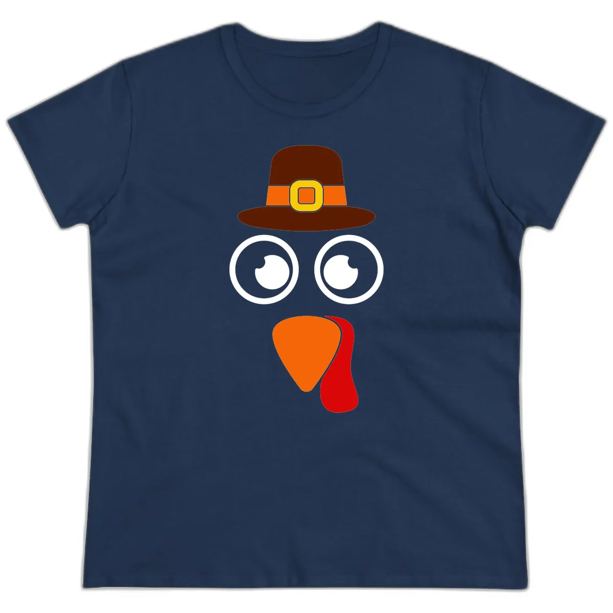 Cute Pilgrim Turkey Face Ladies Tee in Navy