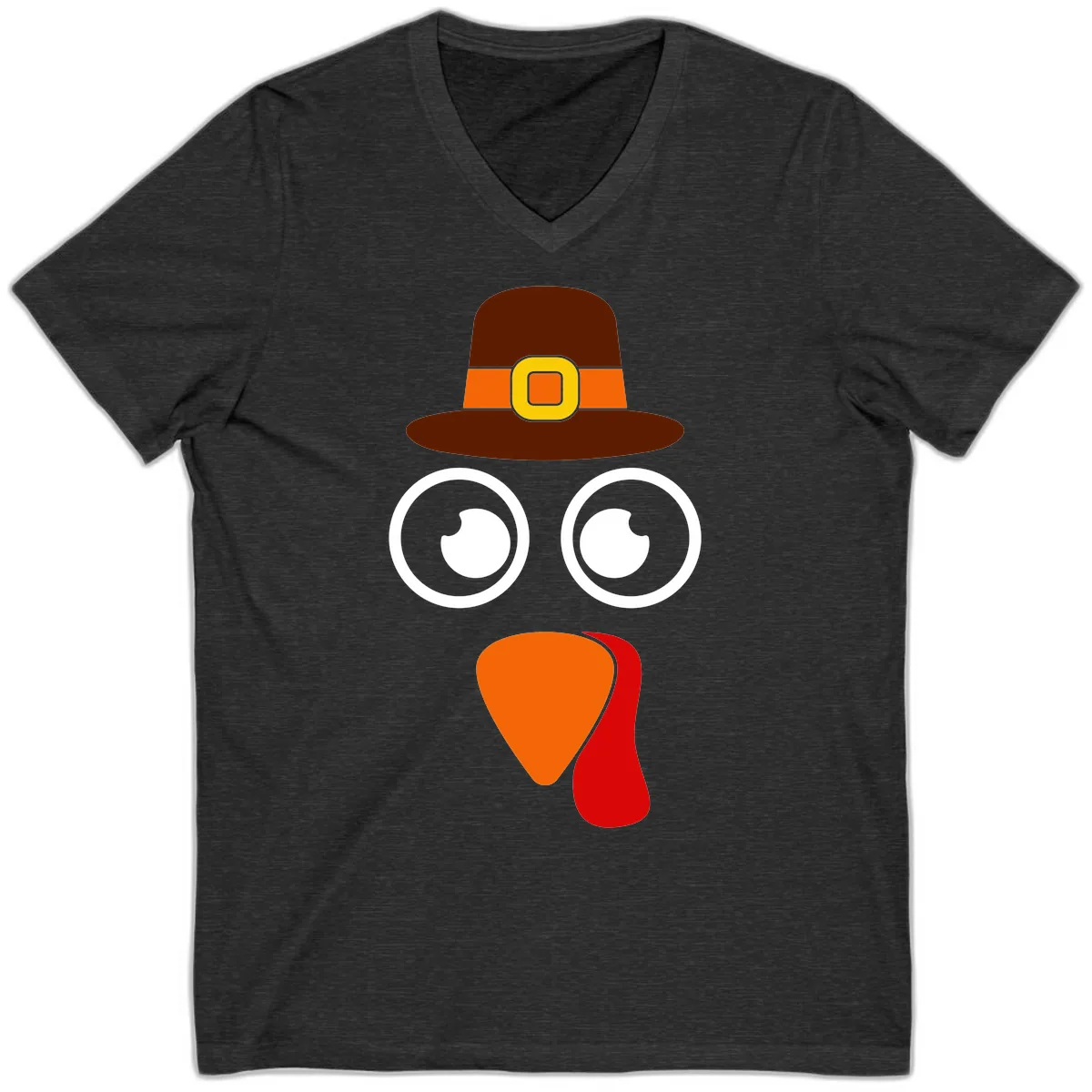 Cute Pilgrim Turkey Face V-Neck in Dark Grey Heather