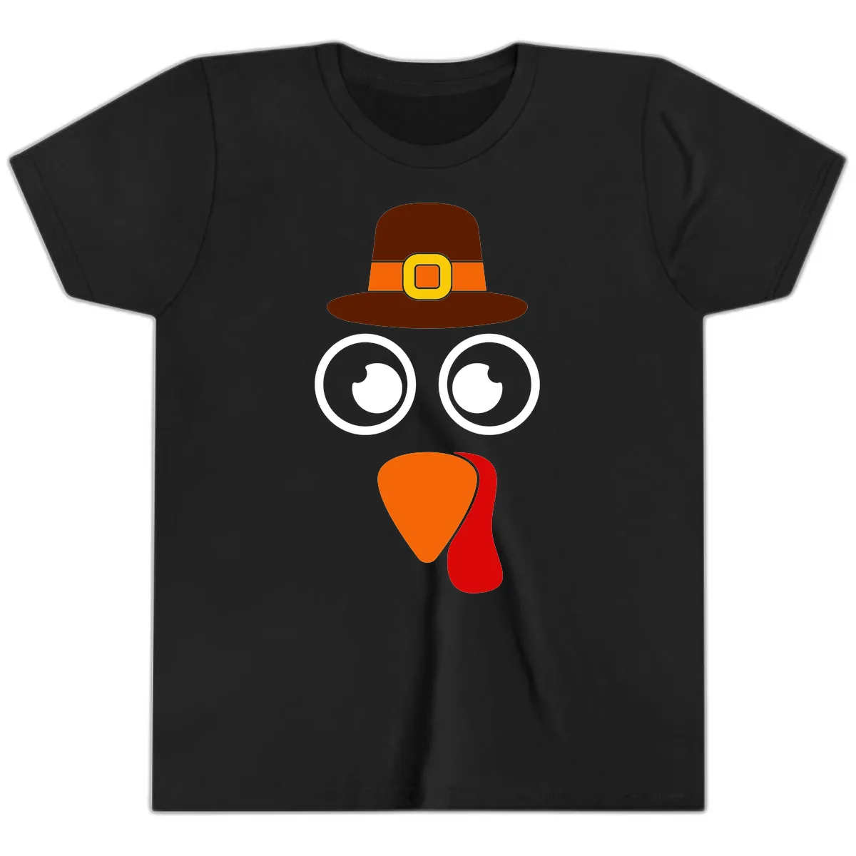 Cute Pilgrim Turkey Face Youth T-Shirt in Black