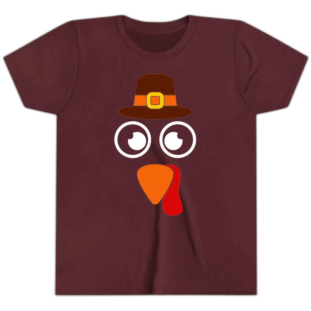 Cute Pilgrim Turkey Face Youth T-Shirt in Maroon