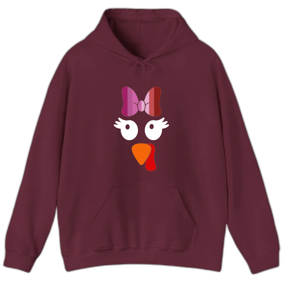 Cute Turkey Bow Face Design Hoodie in Maroon