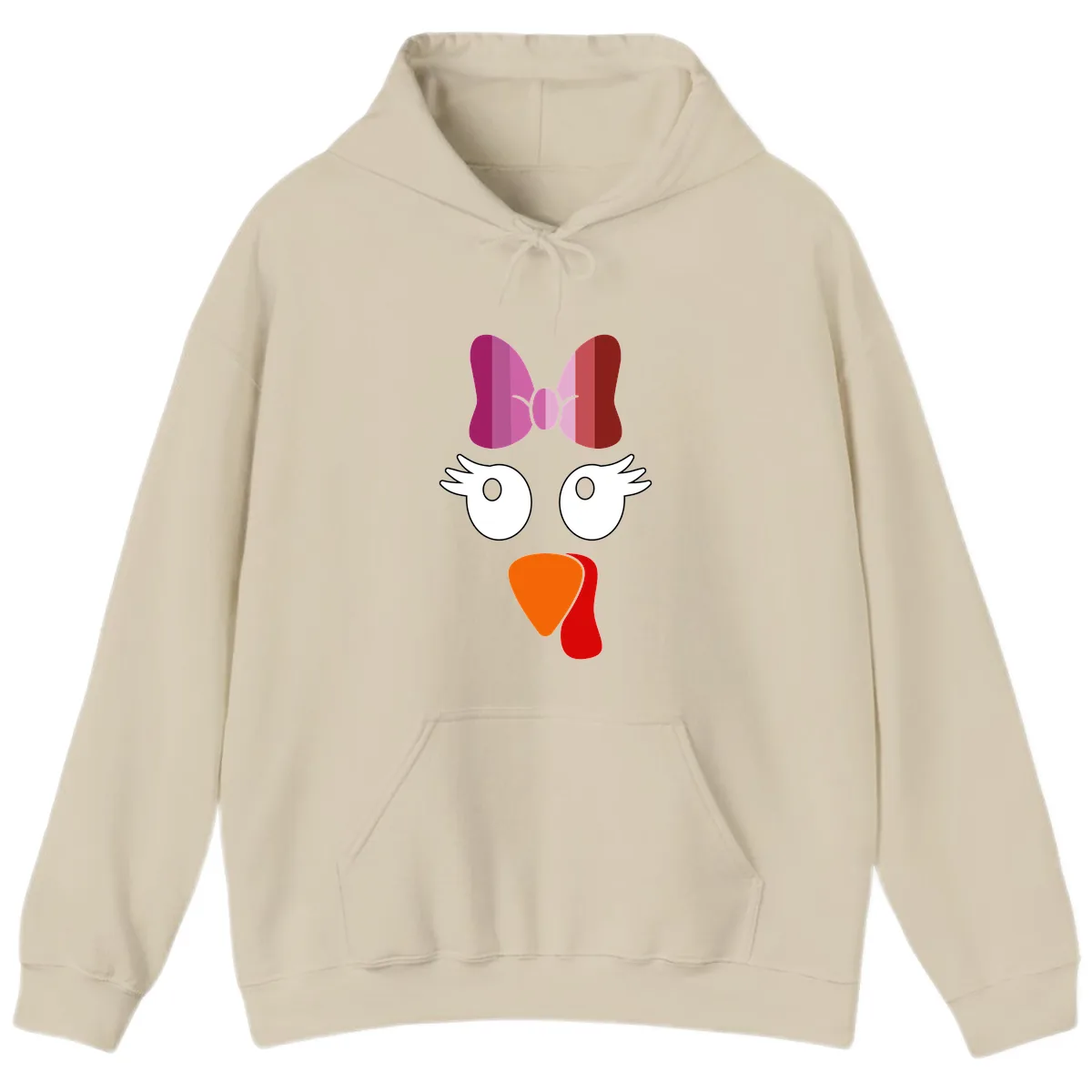 Cute Turkey Bow Face Design Hoodie in Sand